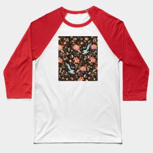 BLUE BIRDS,POMEGRANATE FLOWERS AND BUTTERFLIES Antique Red Brown Floral Pattern Baseball T-Shirt